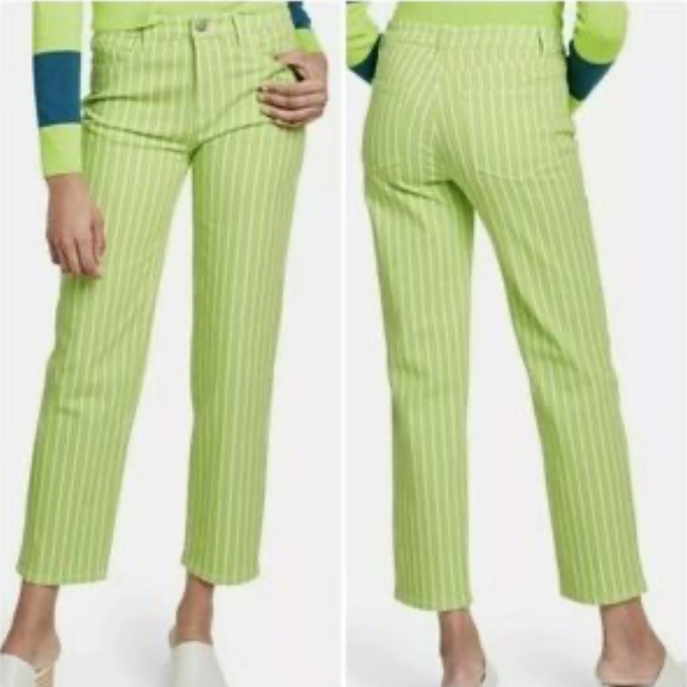 Victor Glemaud Women's Lime Green Pinstripe High Rise Straight Leg Jeans SZ 2